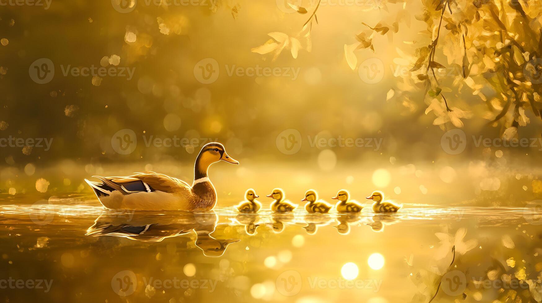 Ducklings swim golden pond sunrise nature family photo