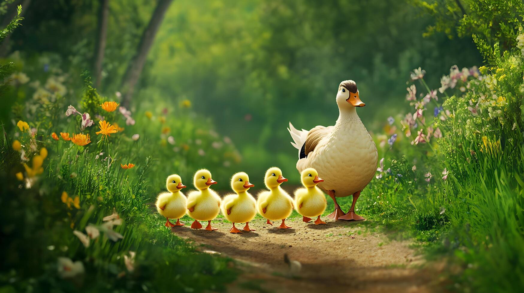 Ducklings walk with mother in spring garden photo