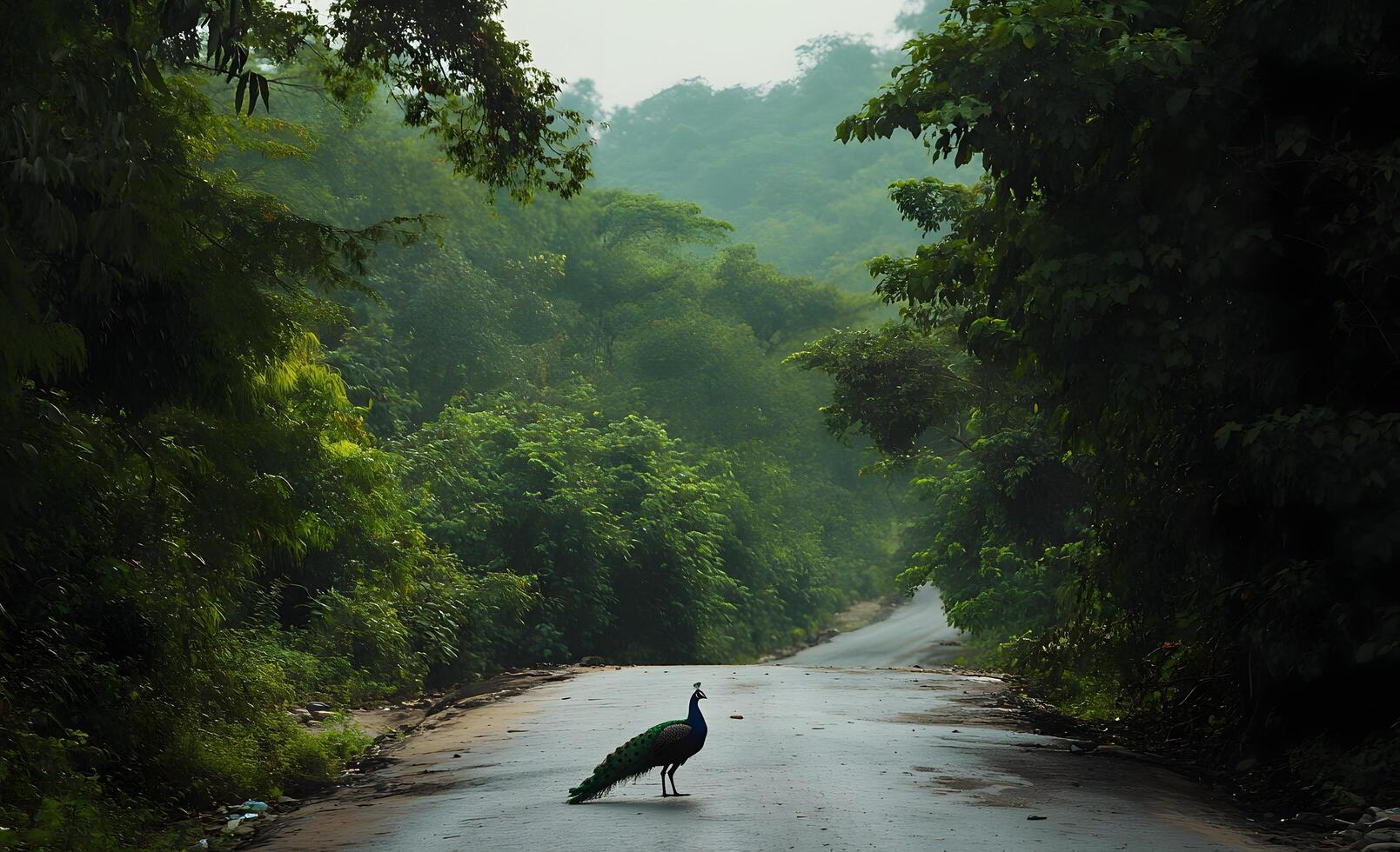 Peacock on misty road, lush forest, India, travel photo