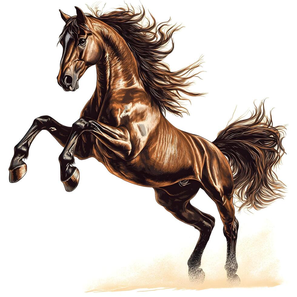 Rearing brown horse, white background, dust, art, print photo