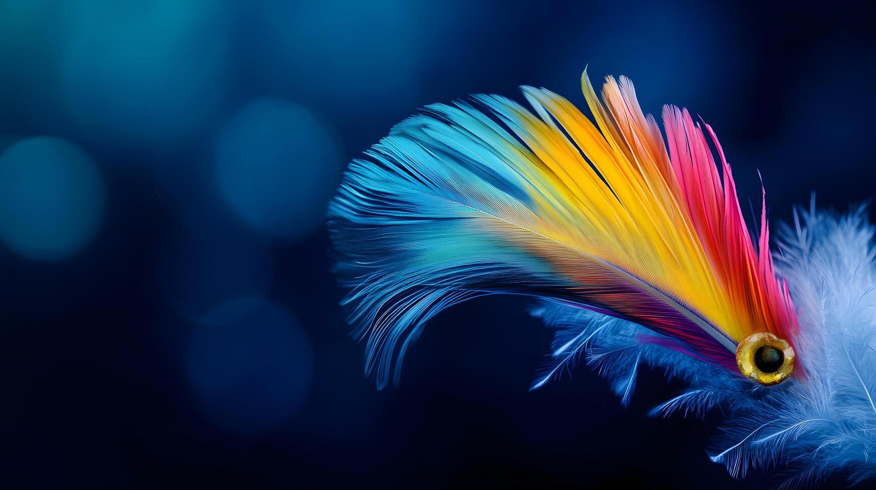 Rainbow feather, bokeh background, vibrant, studio shot, design element photo