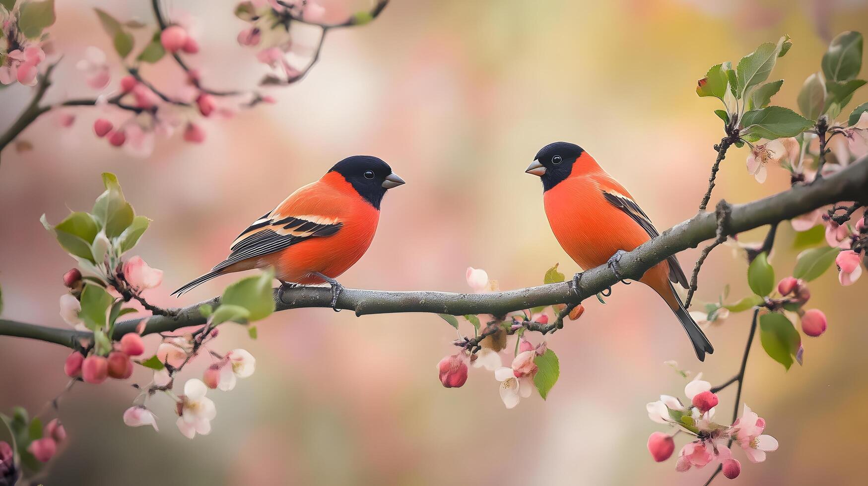 Two birds perched on blossoming branch, spring garden photo