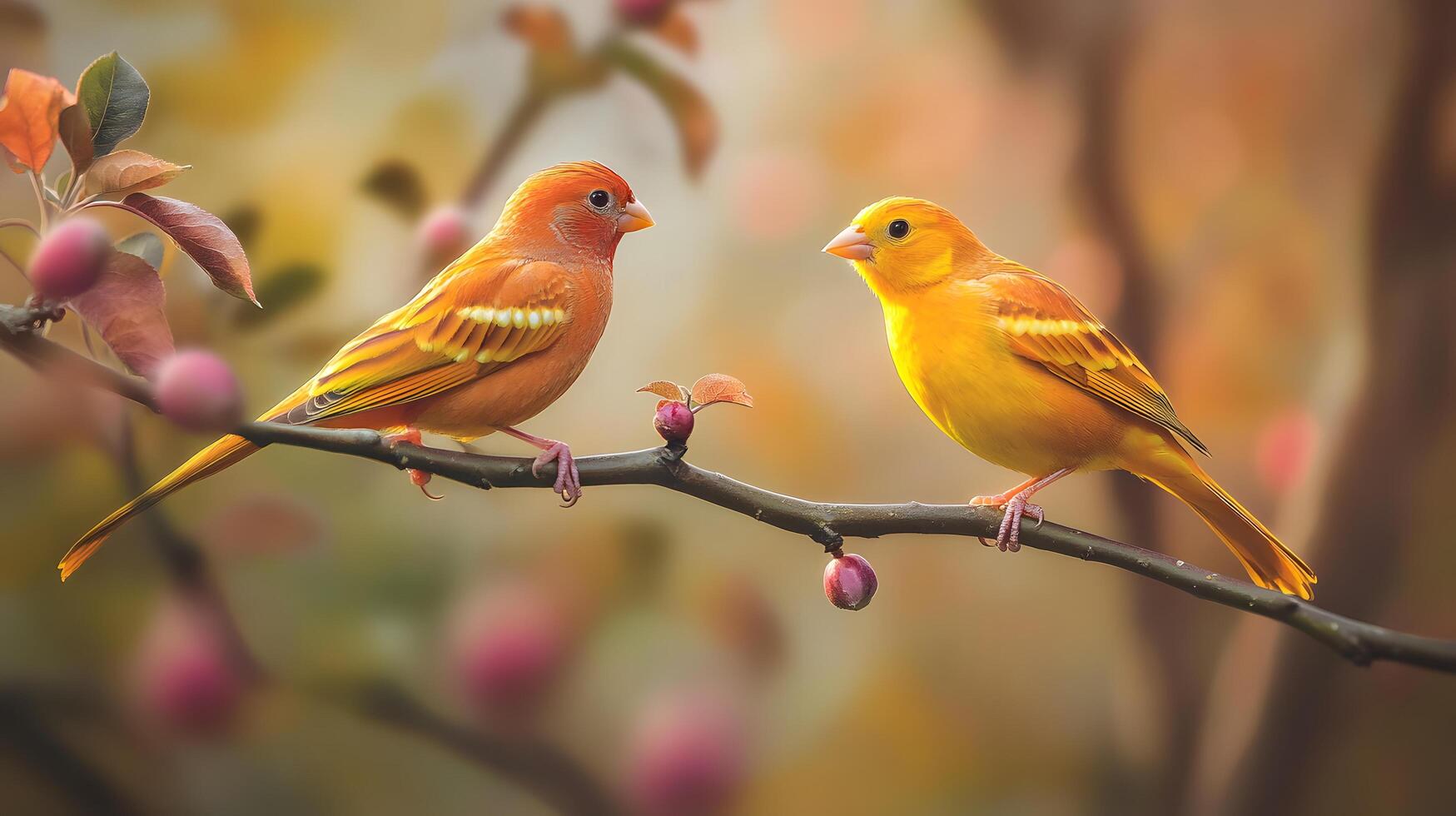 Two canaries perched on a branch, autumn orchard background, nature scene, romantic photo