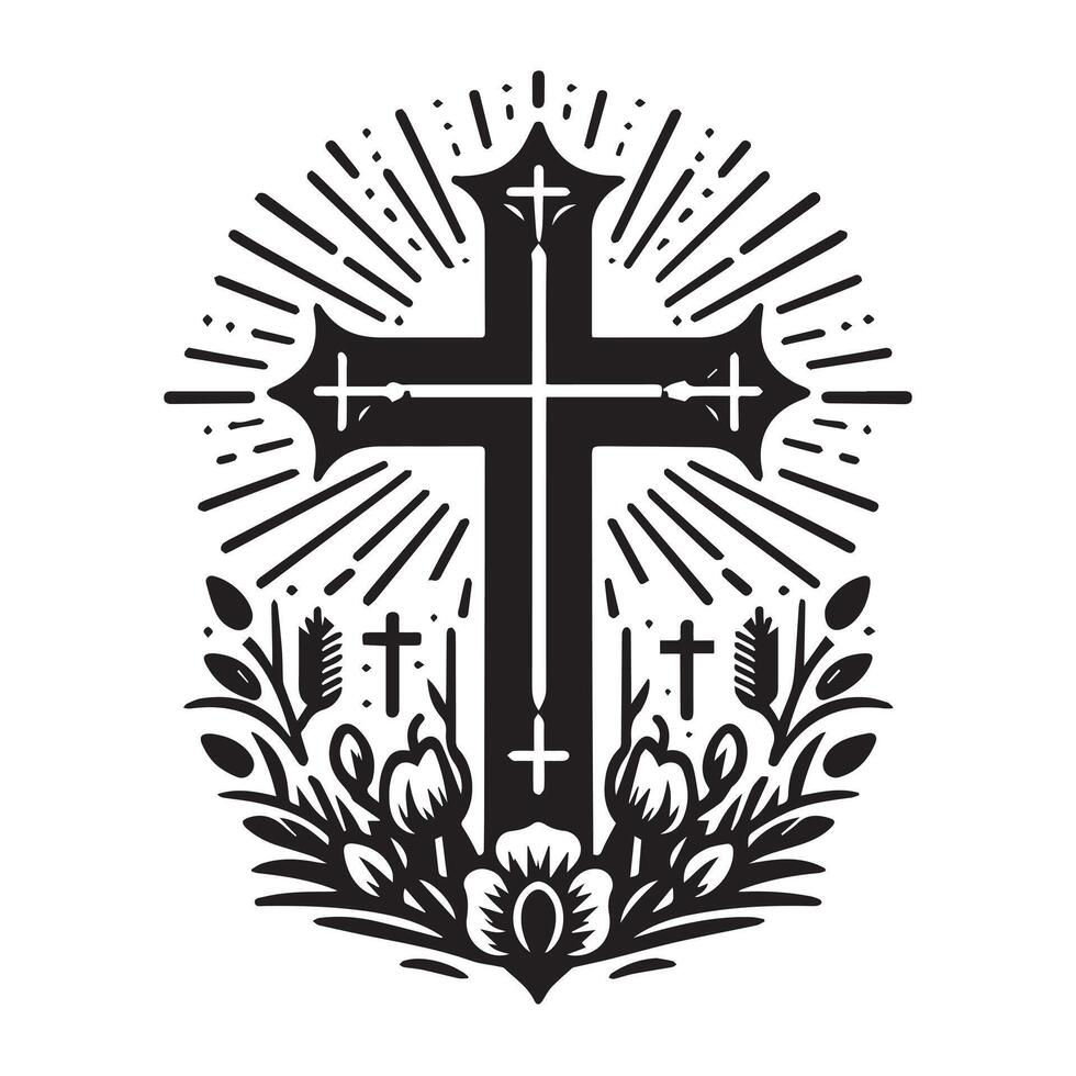 A striking black and white graphic design featuring a Christian cross set against a stylized landscape of mountains at dawn or dusk. vector