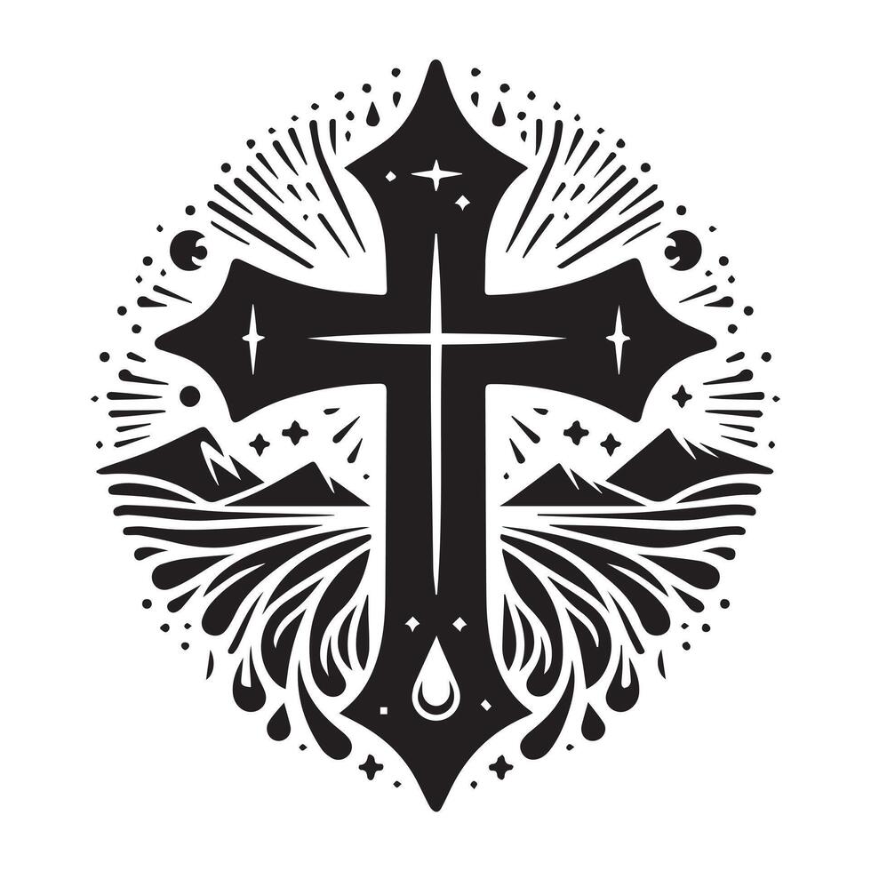 Ornate Christian Cross Silhouette Against White Background vector
