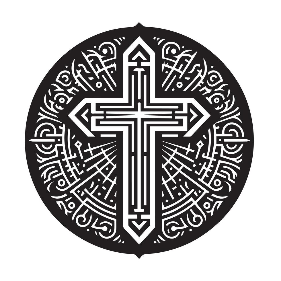 A stylized, white outline Christian cross design set against a dark background. vector