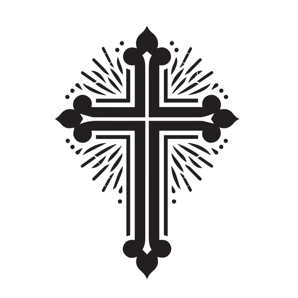 black and white, ornate circular design featuring a prominent Christian cross at its center. vector