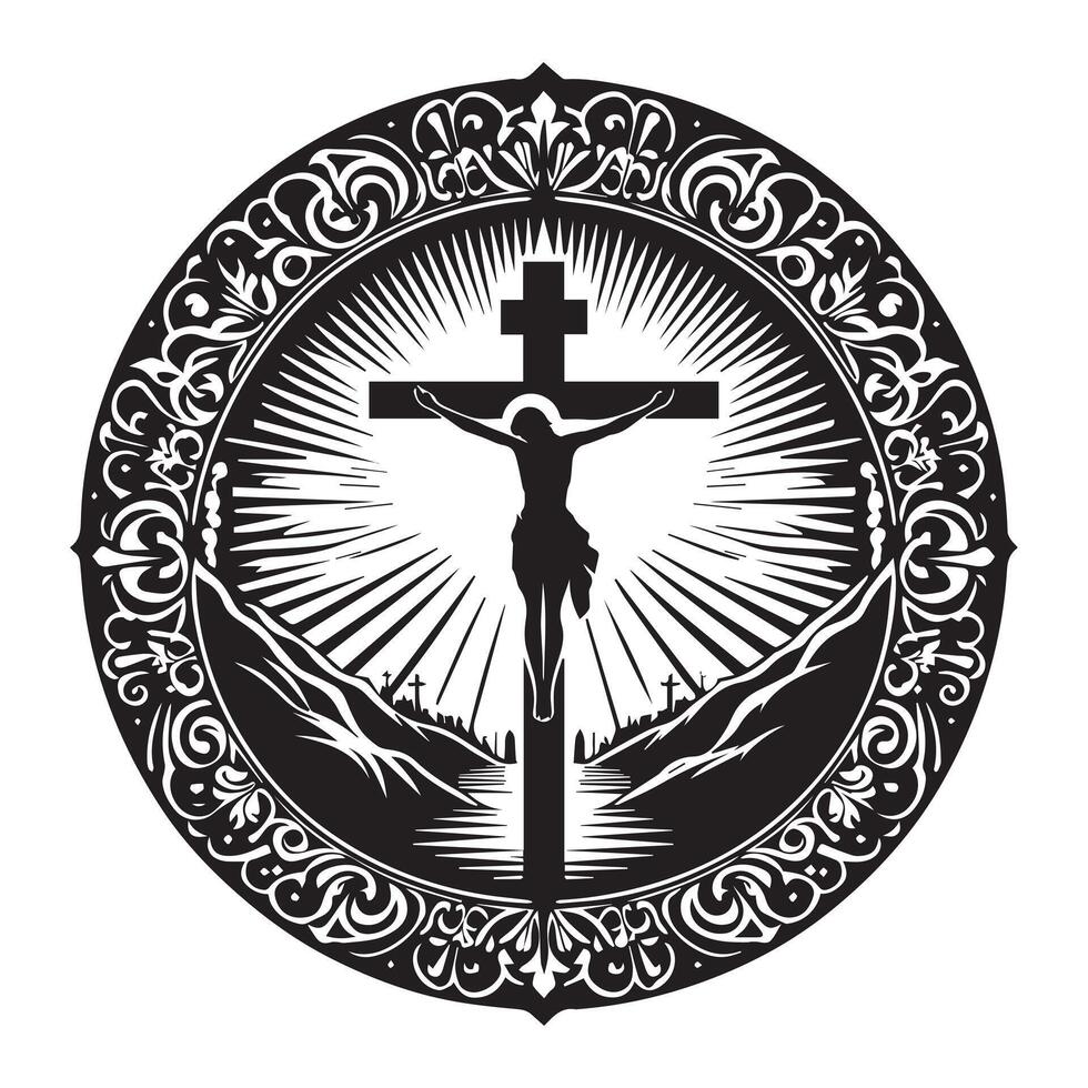 Christian Cross Design with Leaves and Symbols vector
