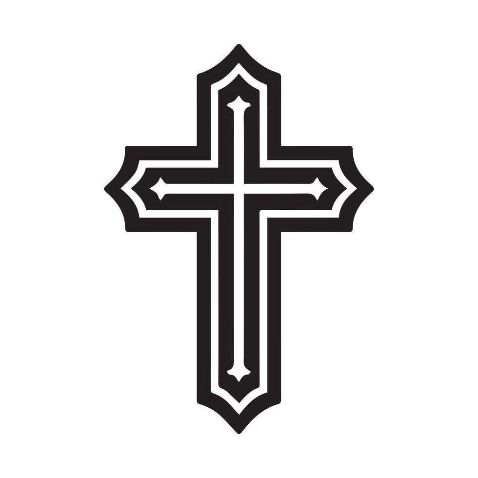 black and white graphic of a Christian cross set within a circular design with intricate details. vector