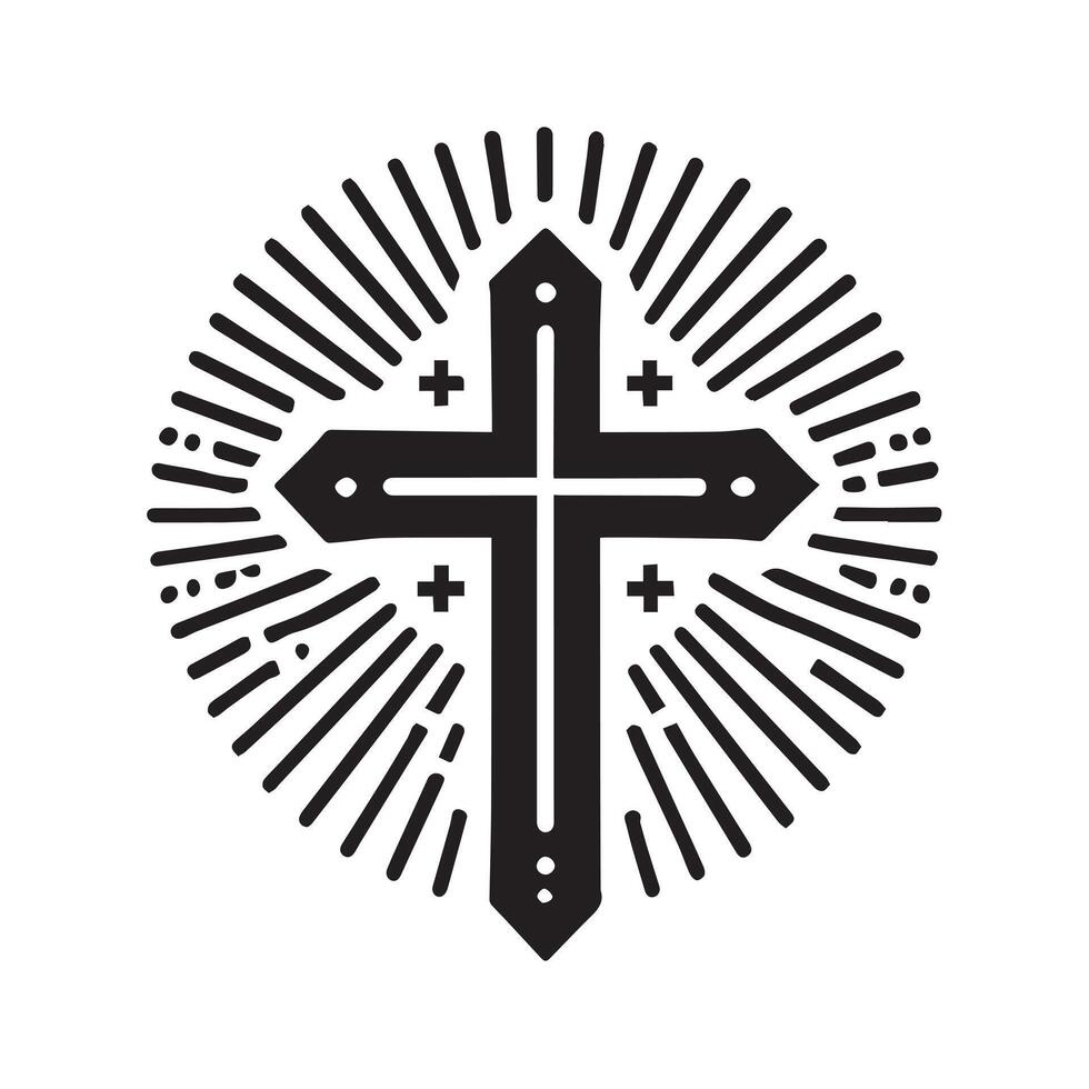 Faith-filled cross with mountain backdrop, perfect for inspirational designs. vector
