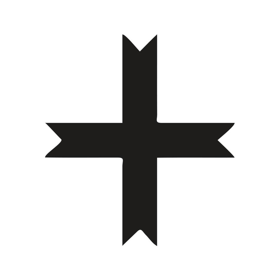 A graphic design of a cross set against a backdrop of stylized mountains and sunburst rays. vector