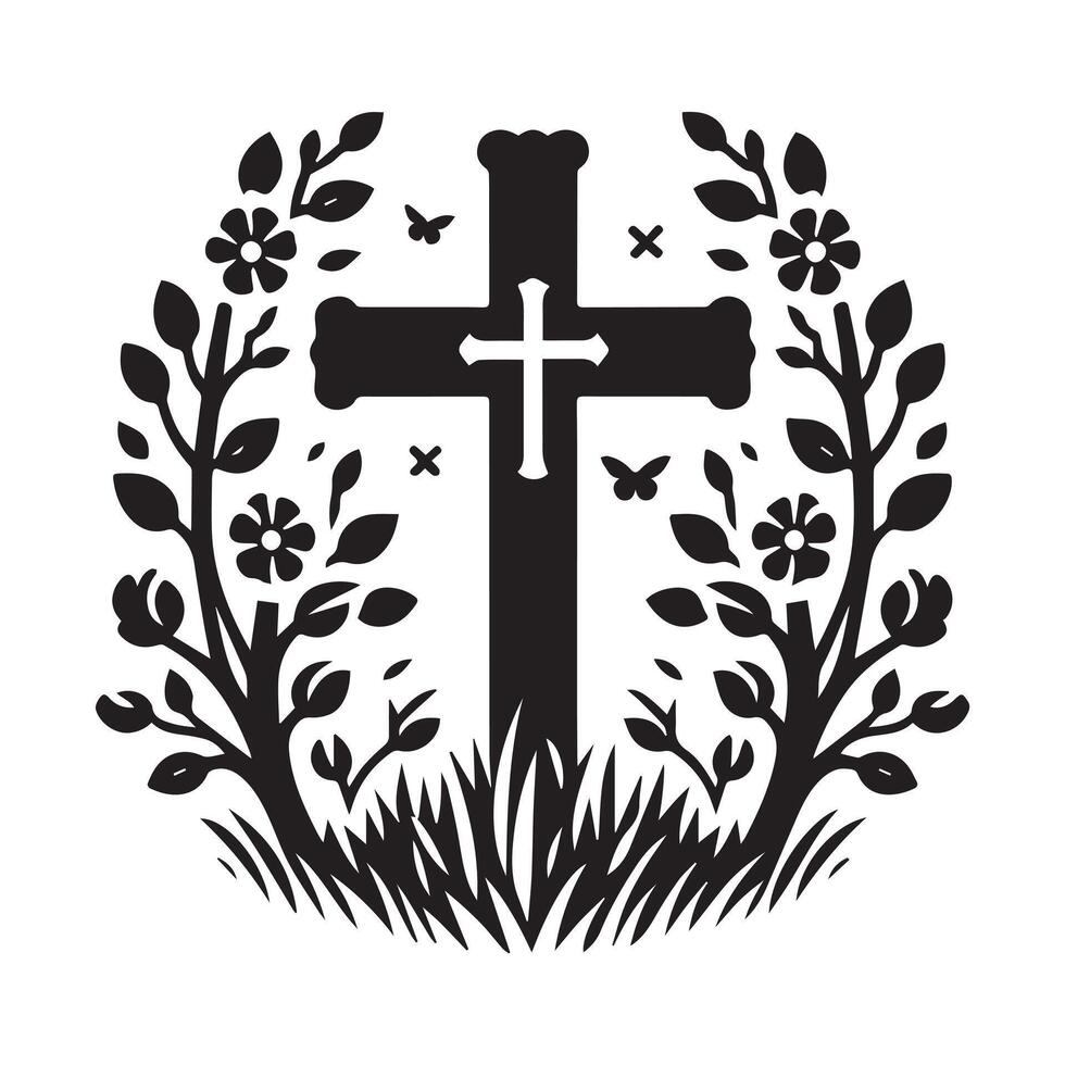 A stylized, black and white graphic of a Christian cross set within a circular design with intricate details. vector
