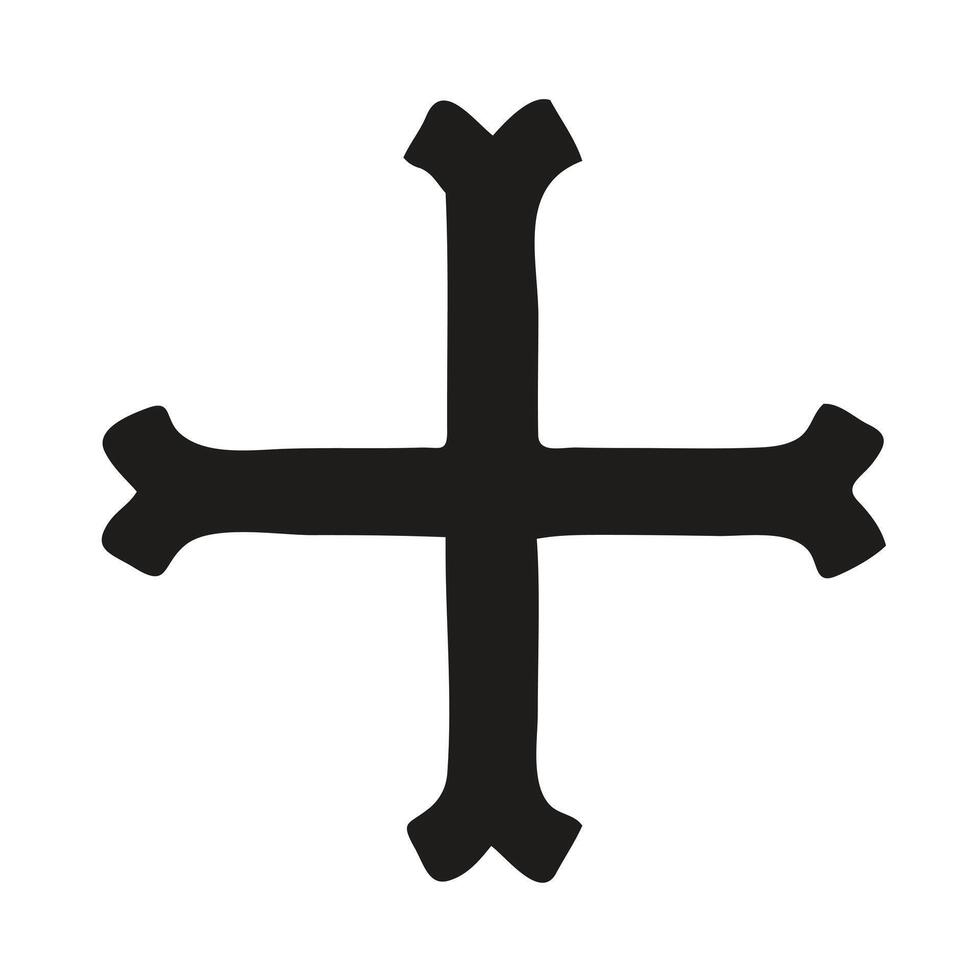 A stylized, black and white graphic design of a cross, intricately detailed with various leaf and water droplet symbols. vector