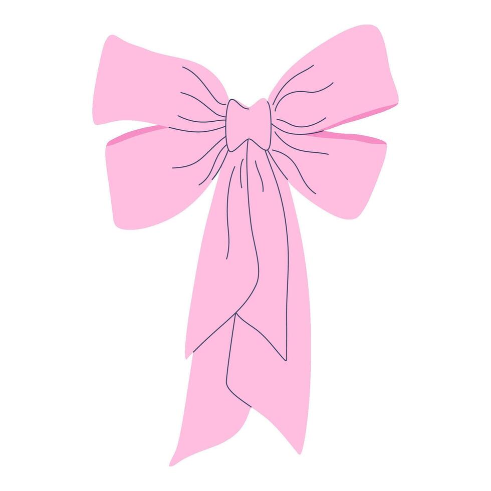 Soft pink bow features classic design with flowing ribbons. Ideal for decorating gifts, hair accessories, or event decorations, it adds charm and elegance. Hand drawn flat design illustration. vector