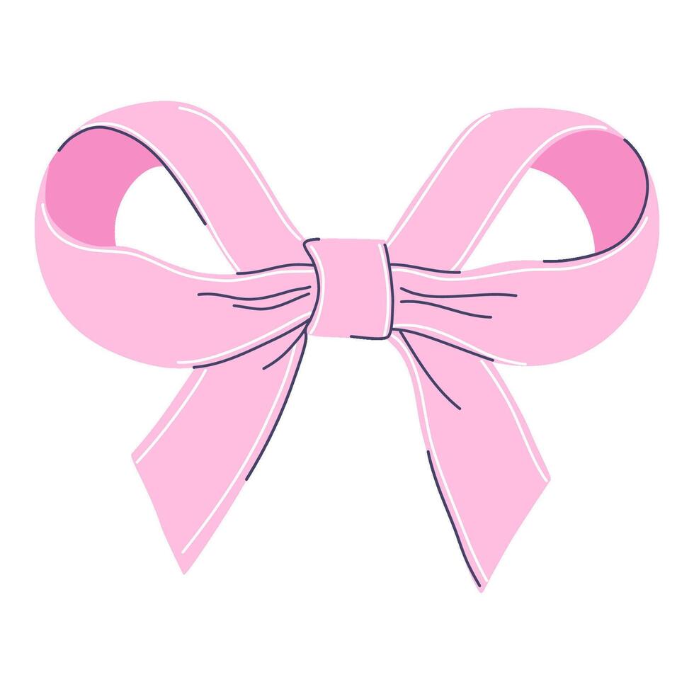 Decorative pink ribbon tied in a coquette bow. Perfect for gift wrapping and craft projects. Beautiful accessory. Hand drawn flat design illustration. vector