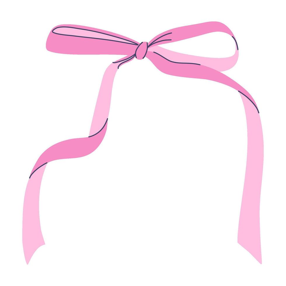 Delicate pink ribbon achieves soft and elegant look with flowing ends tied in neat bow. Suitable for decoration or gift wrapping. Hand drawn flat design illustration. vector