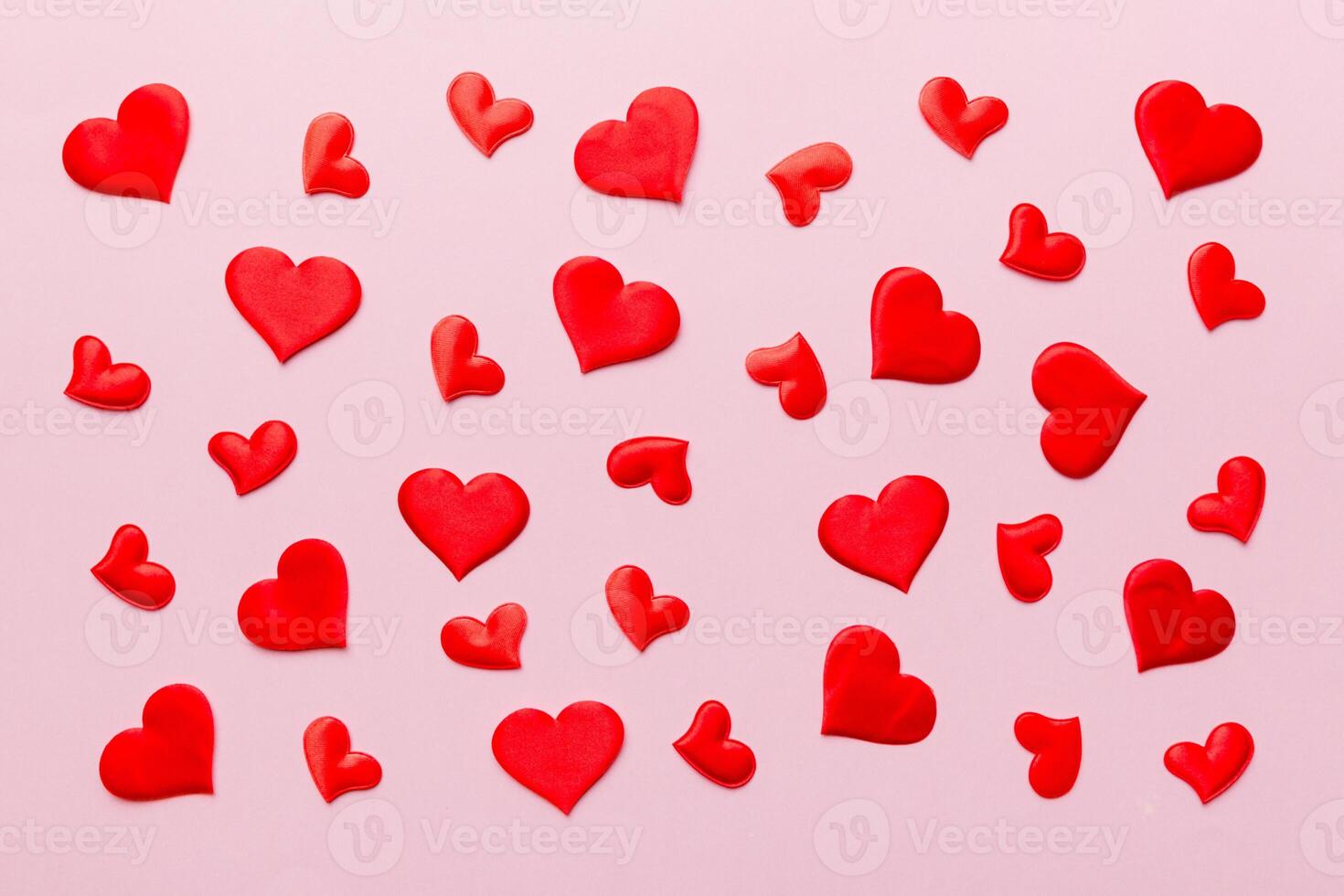 Valentine day background red hearts top view copy space photo
