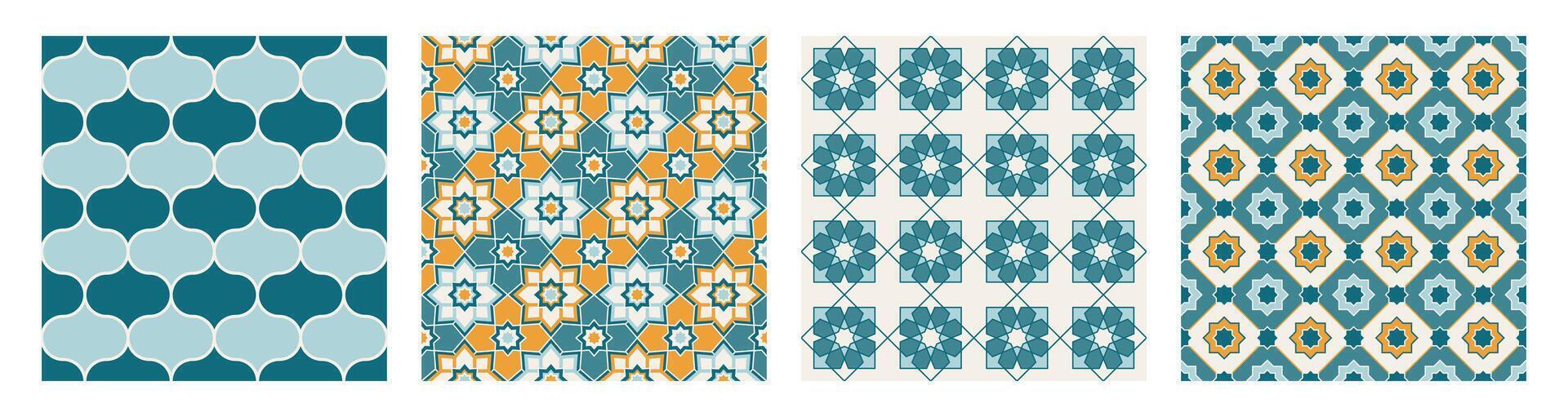 Set of Arabic geometric mosaic printable seamless pattern with abstract Moroccan print in blue and orange colors. Ramadan Kareem Traditional Islamic art Illustration background vector