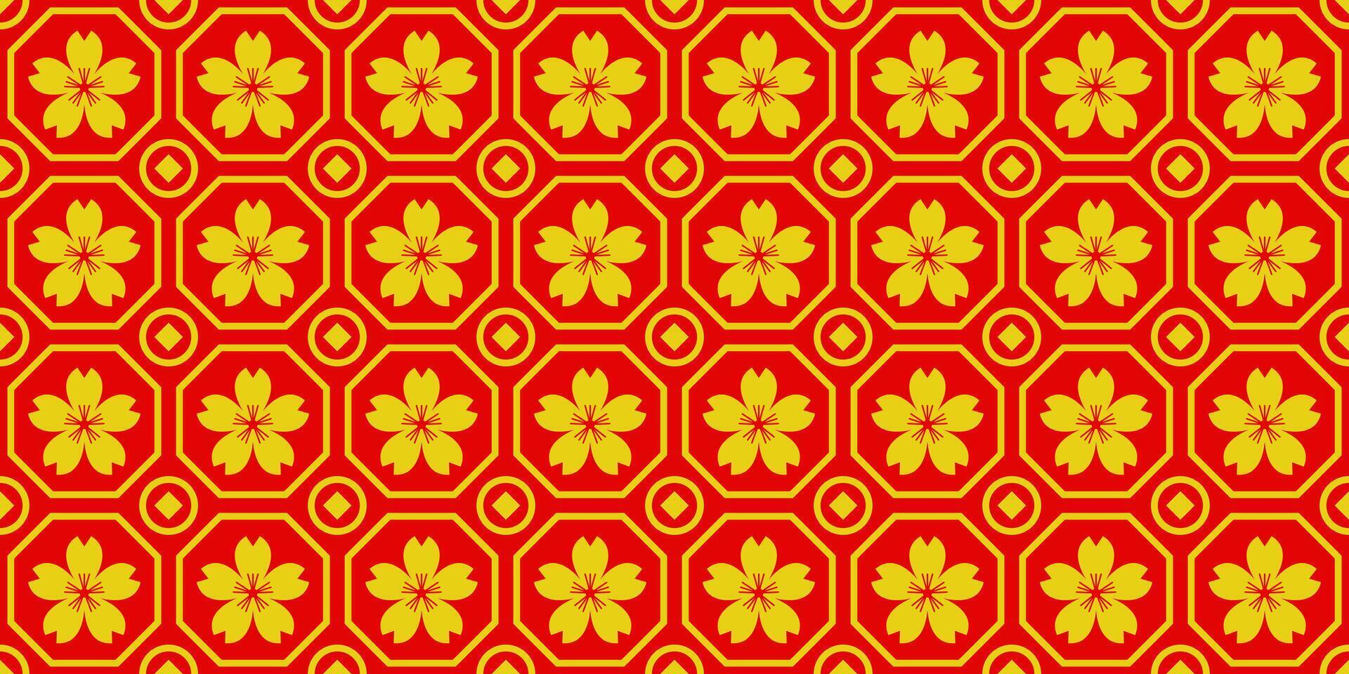 Asian line art seamless pattern with oriental traditional shapes flowers ornament, waves. Red and gold Japanese print for lunar chinese new year decoration. Luxury retro illustration vector
