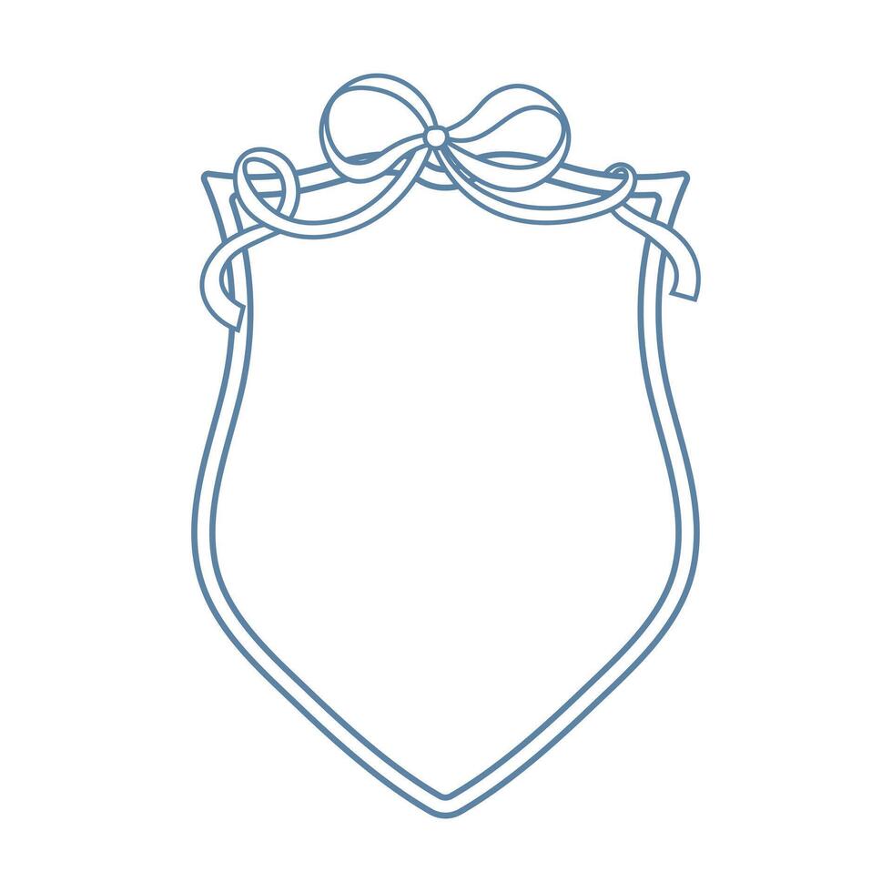 Wedding crests on white background Minimalist outline of a shield with ribbon and bow monogram. Line art for wedding, monogram, invitation, greeting, logo, birthday cards vector