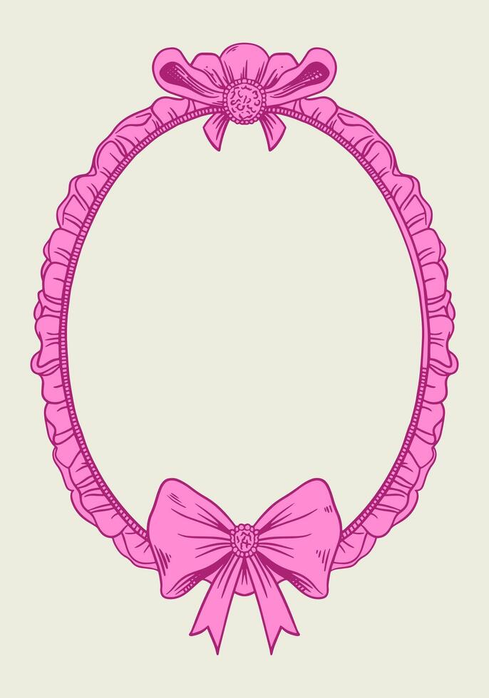 Hand-drawn frame with elegant bow and ribbons in a minimalist, girly style. Perfect for wedding invitations, birthday cards. Includes pink, boho, and baroque elements in a classic, feminine design vector