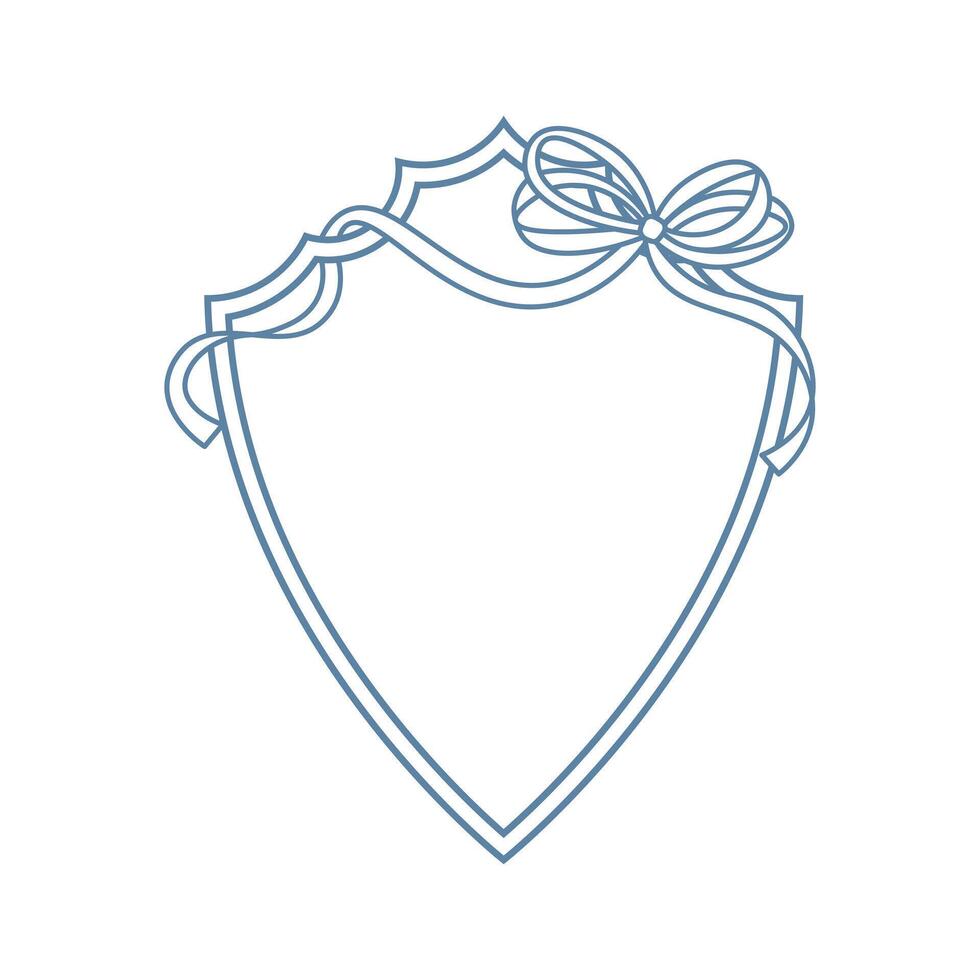 Wedding crest on white background. Minimalist outline of a shield with ribbon and bow monogram. Line art for wedding, monogram, invitation, greeting, logo, birthday cards vector