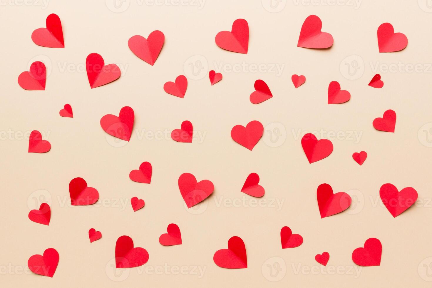 Valentine day background with red hearts, top view space photo