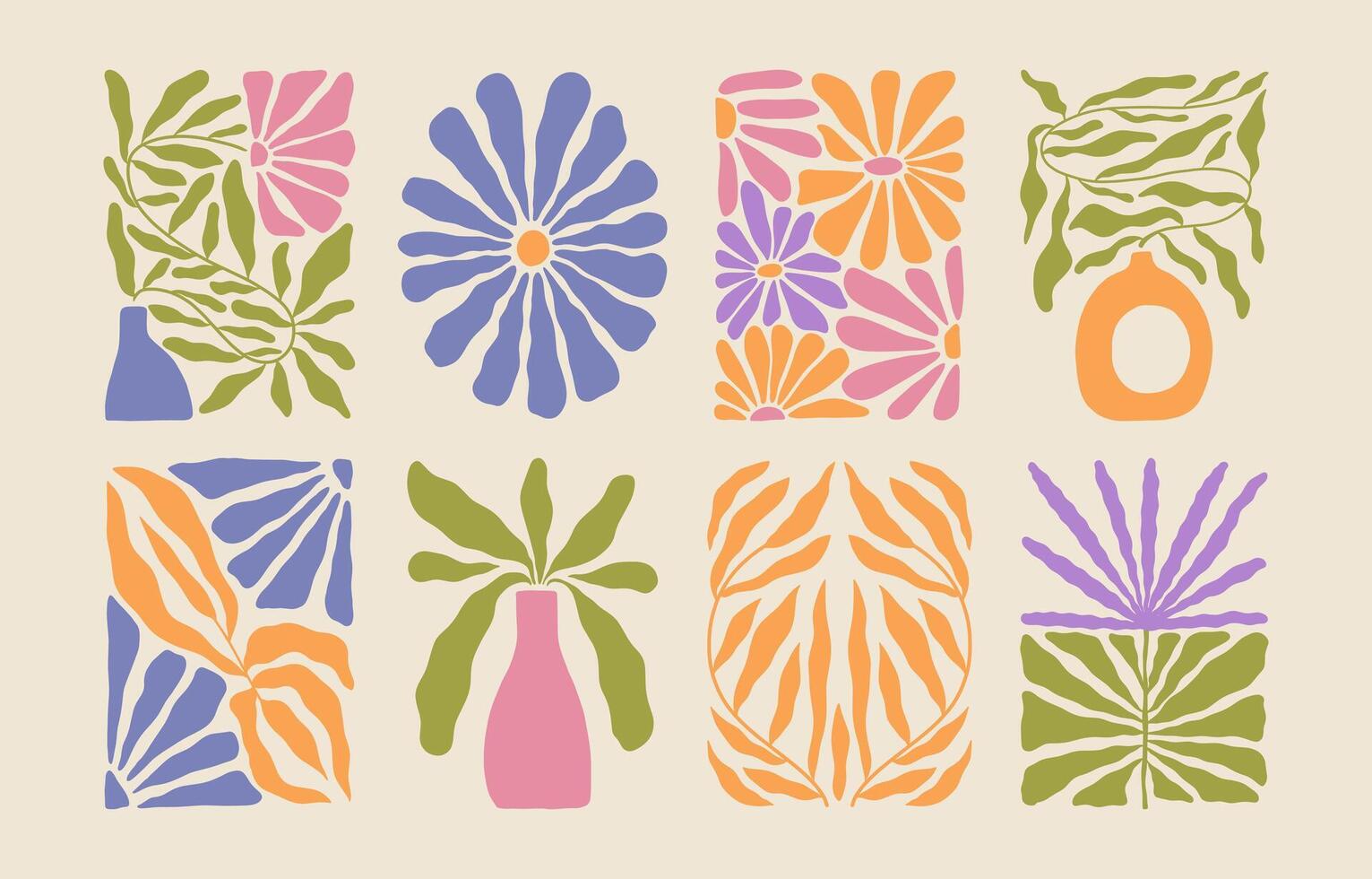 Trendy posters with abstract groovy floral shape with flowers and leaves. Simple irregular wild plants. Naive funky prints for wall art, interior decorations. Boho summer illustrations vector