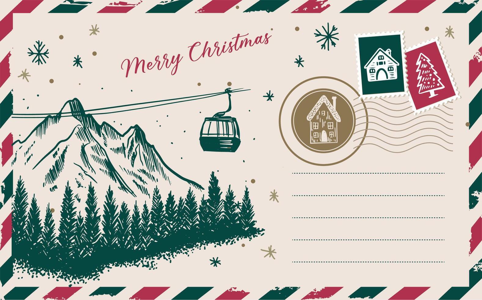 Postcard, Christmas mail with mountains, hand drawn illustration. vector