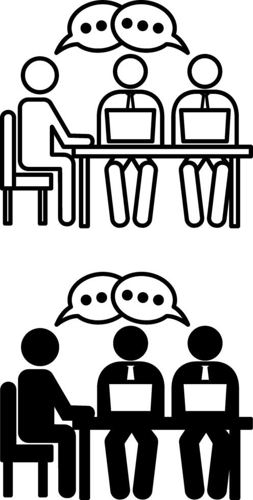 Meeting Icons. Black and White Icons. Boss Holds Meeting with Employees. People Sit at the table, talking and working on their laptops. Office Concept vector