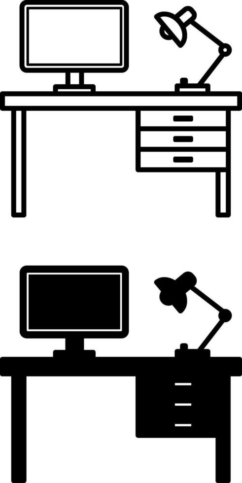 Desk Icons. Black and White Icons. Table, Computer, and Lamp. Furniture. Office Concept vector