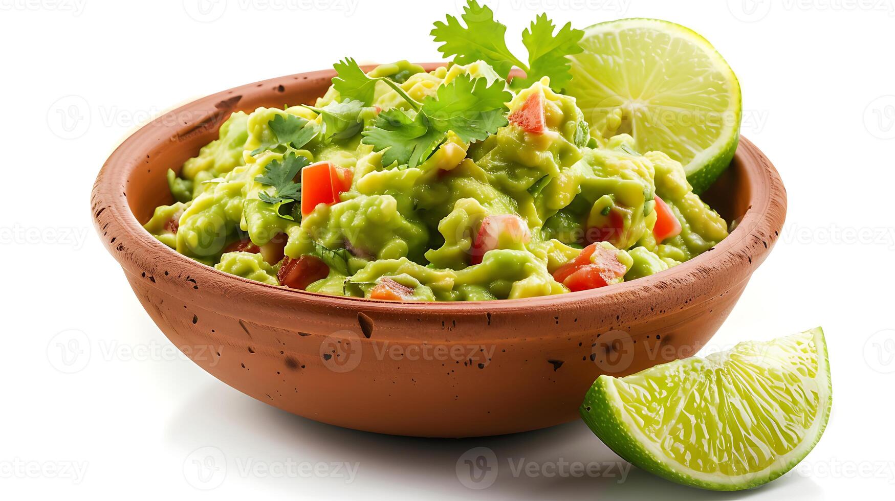 Bowl of guacamole garnished with lime and cilantro isolated on white photo