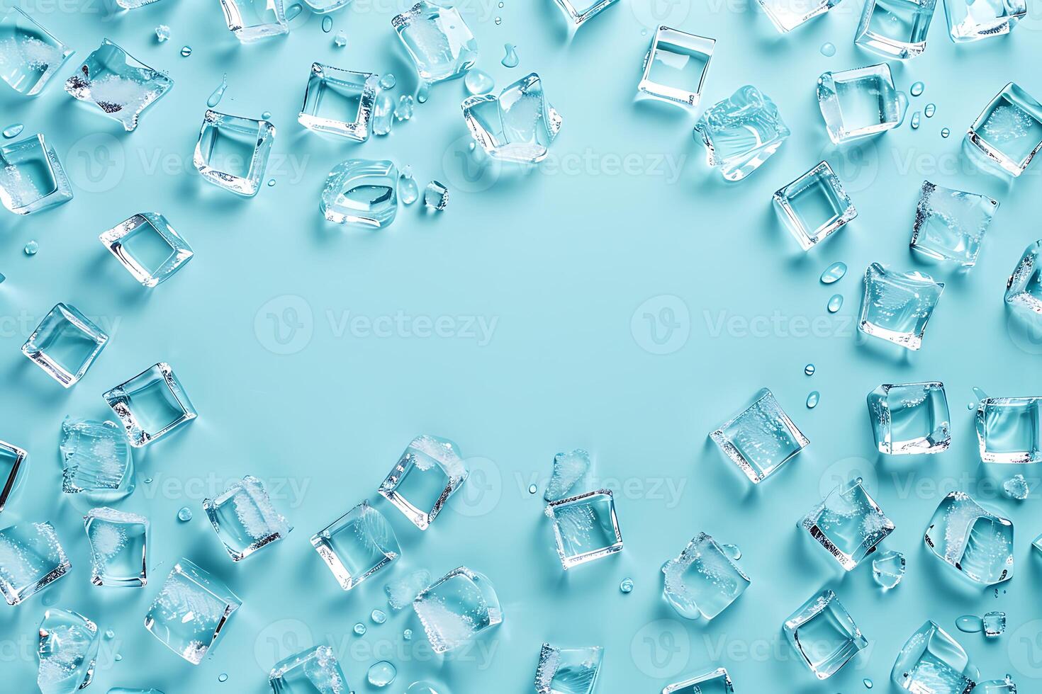 Ice cubes scattered on a light blue background photo