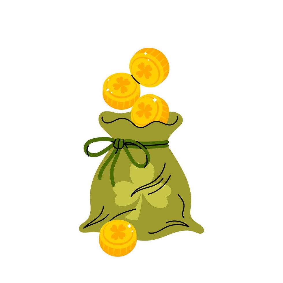 Full bag of gold coins. Textile bag filled with gold coins, money. Money bag with clover icon. Isolated on white background. vector