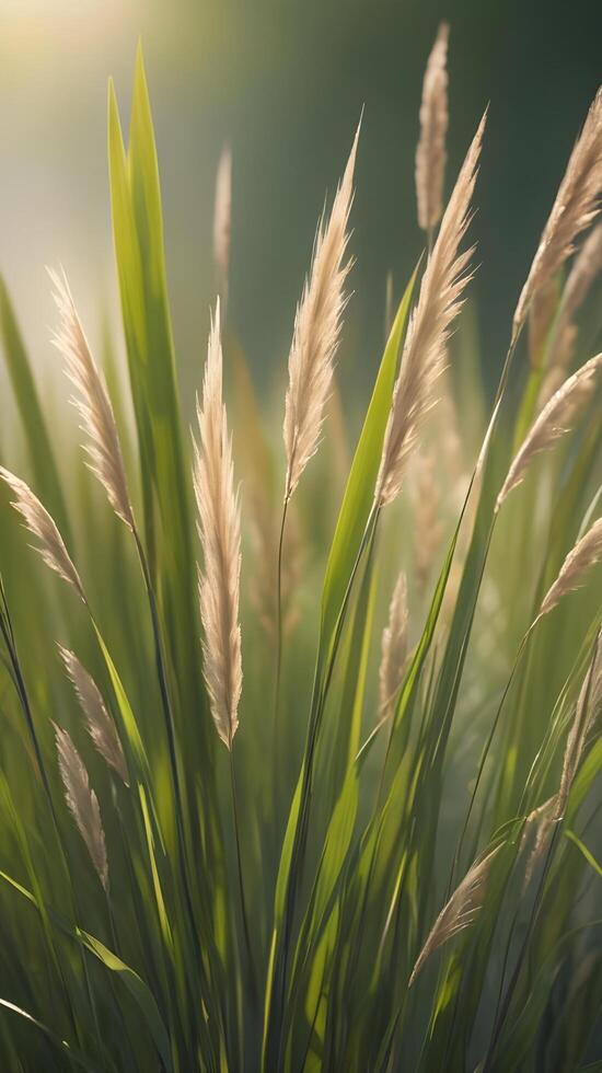 Close-up of tall grass blades standing straight, gently lit with a soft-focus background for design purposes. photo