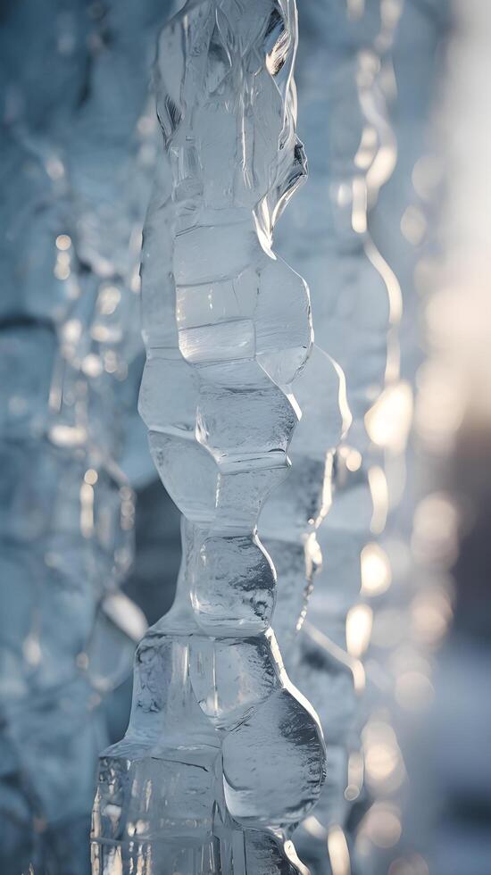 A minimalist vertical photo capturing detailed ice formations on a natural texture, creating a peaceful scene.
