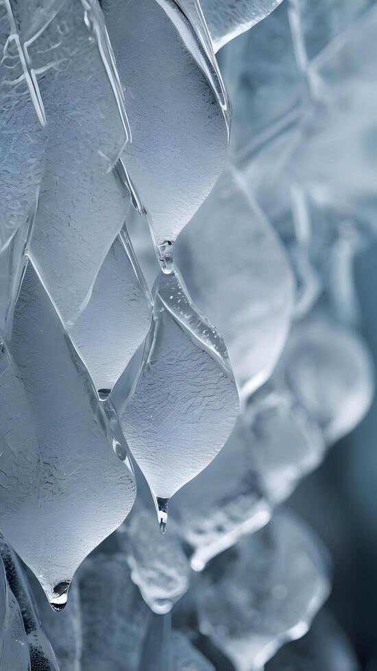Vertical composition of intricate frost patterns on a surface, offering a tranquil and understated aesthetic. photo