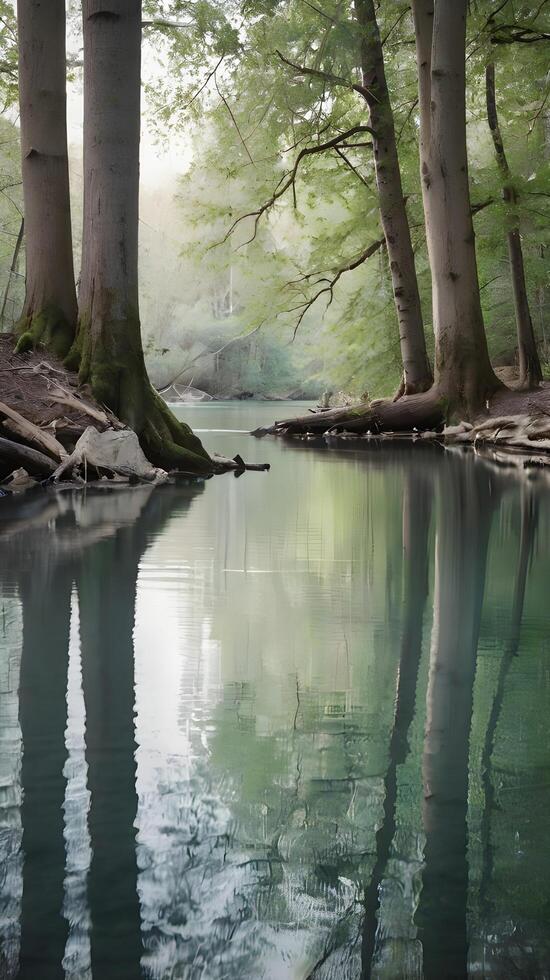 A peaceful river surface reflecting tree trunks in soft focus, with a blank area in the water for copy. photo