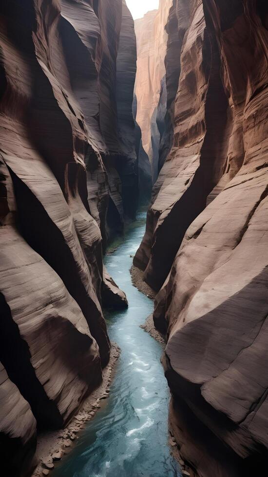 A close-up vertical photo of a river cutting through a narrow canyon, surrounded by detailed rock formations, with room for text placement.