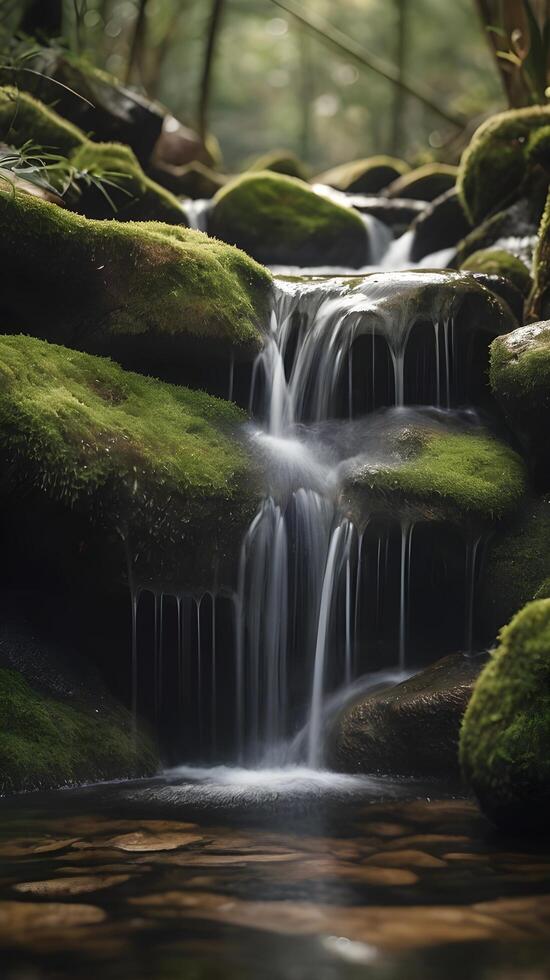 A vertical view of water running down a rocky waterfall, adorned with moss, and blank space for text placement. photo
