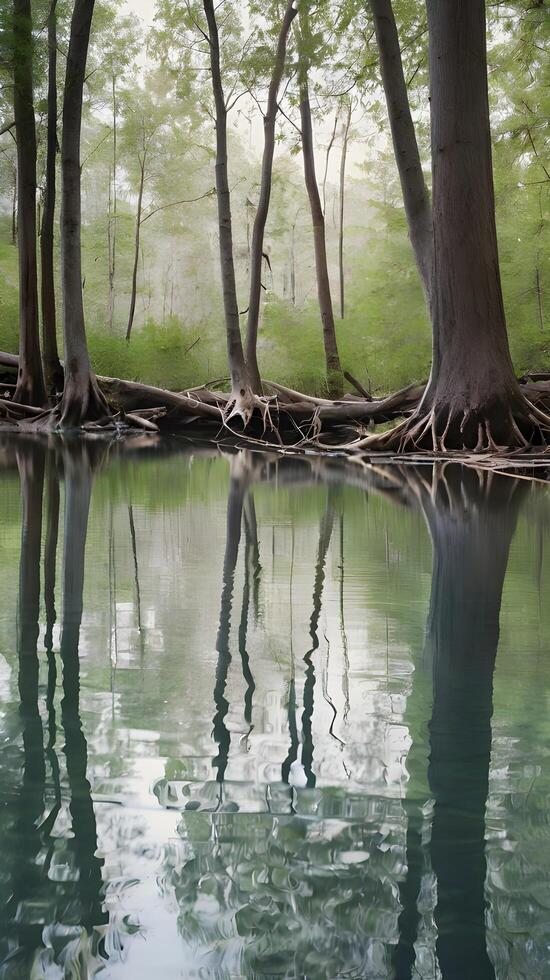 A tranquil river mirroring tall tree trunks in soft focus, with open space in the water for text placement. photo