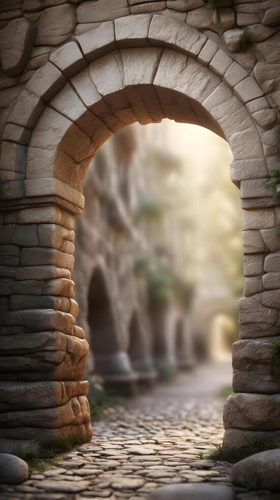Vertical composition of a textured stone archway with aged details and ample room for overlays or designs. photo