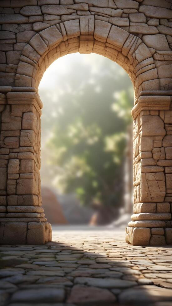 A high-detail vertical photo of an old stone archway with natural surfaces and open areas for creative use.