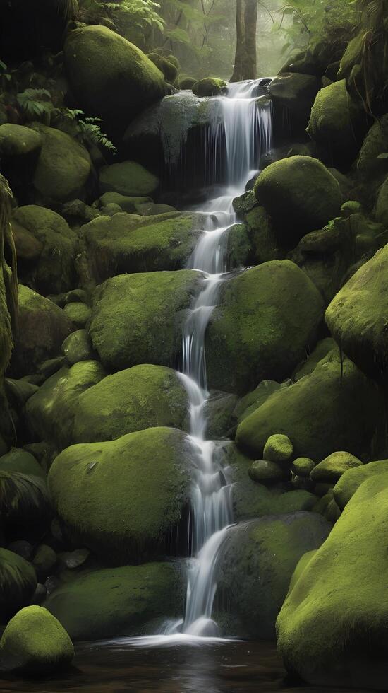 A quiet vertical image of water trickling down a rocky cascade, with mossy textures and space for text. photo