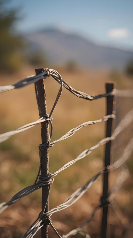 A minimalist vertical photo of a wire fence, gently blurred with open space in the background for emphasis.