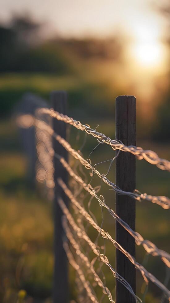 A clean vertical image of a wire fence with a soft-focus effect, complemented by abundant empty space behind. photo