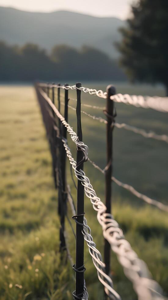 A simple vertical shot of a wire fence with a soft focus, featuring plenty of negative space in the background. photo