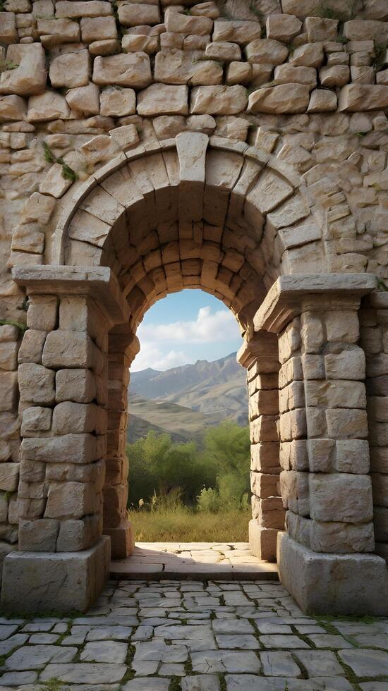A vertical capture of a weathered stone archway with natural textures and open areas for text or designs. photo