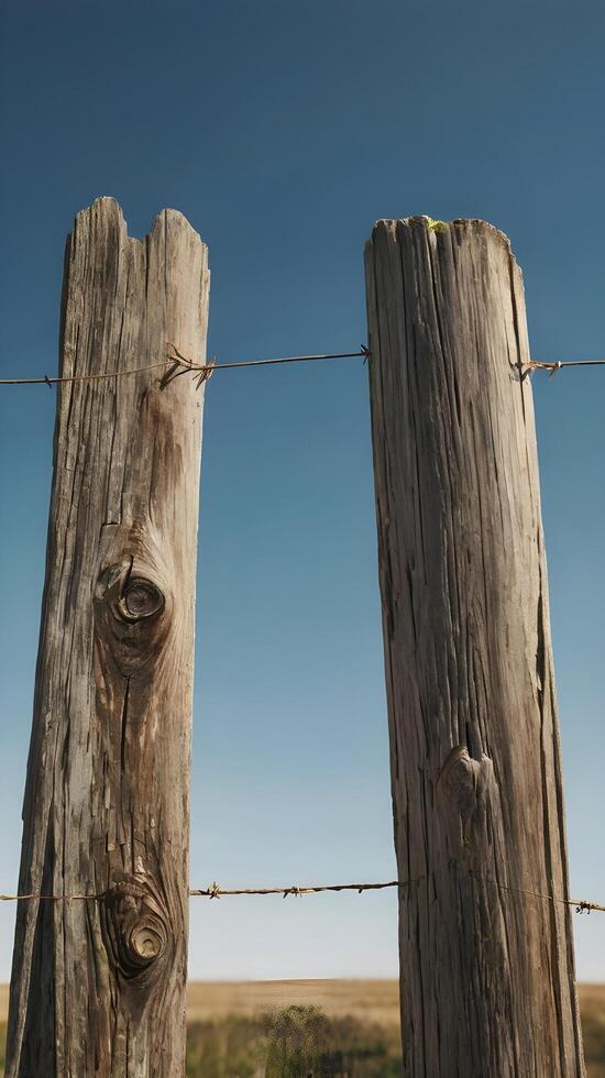 A close-up vertical of weathered wooden fence posts standing in a quiet rural area, with ample space for design or text. photo
