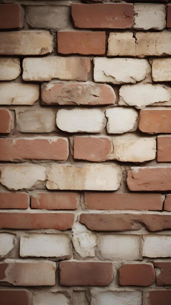 A close-up vertical shot of an old brick wall with worn textures and a quiet, spacious area for copy. photo